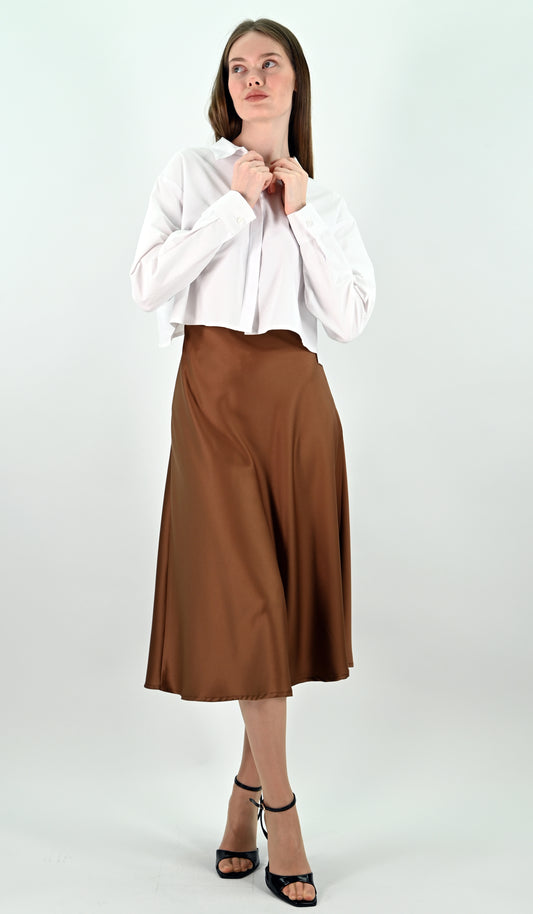 Brown Satin Midi Skirt