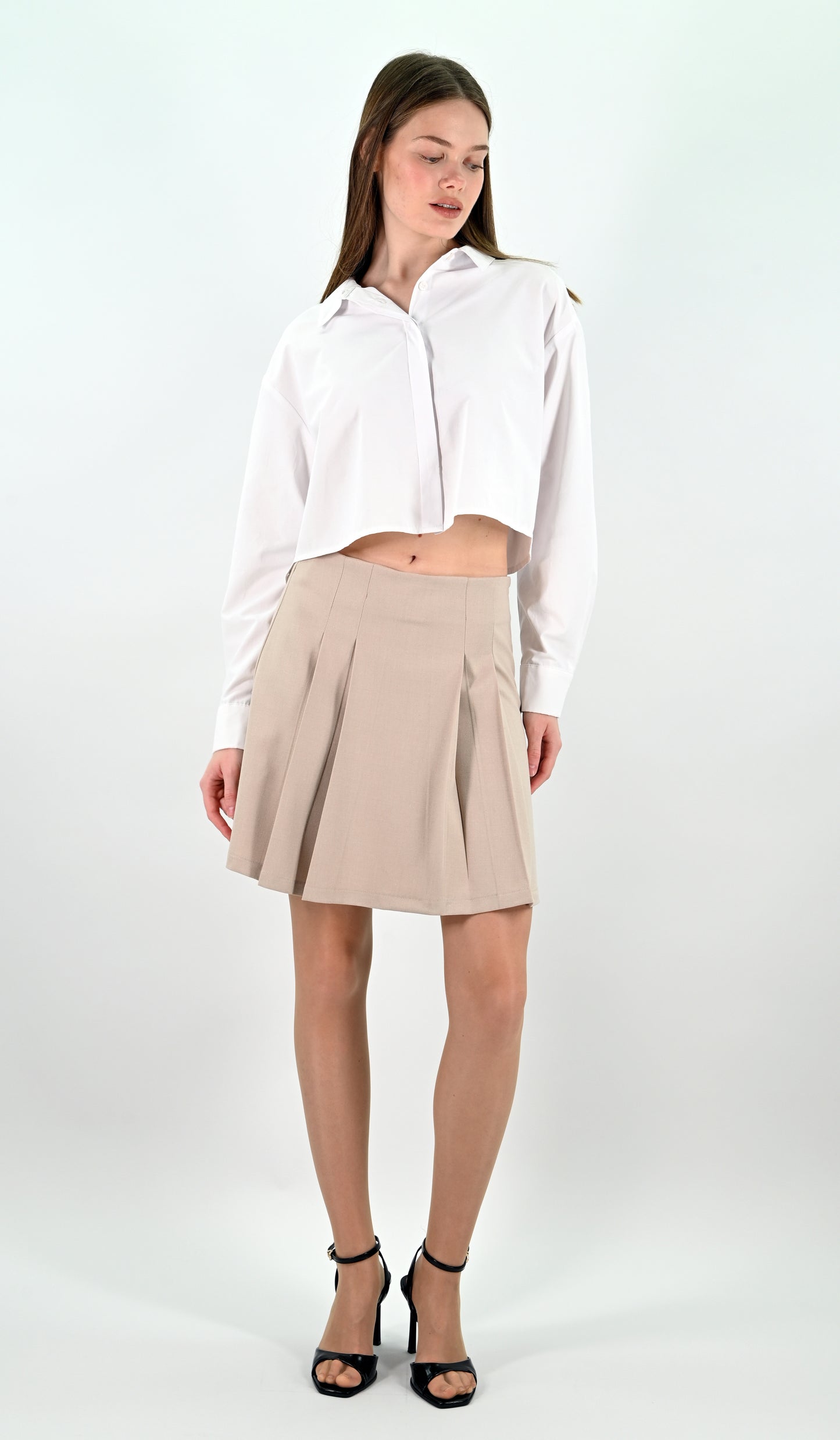 Pleated Mini Skirt - Beige