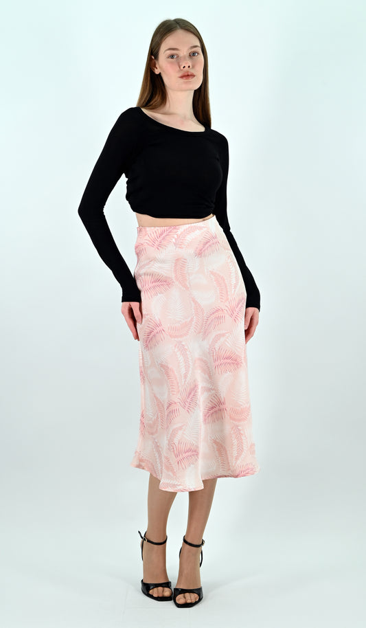 Palm Print Satin Midi Skirt