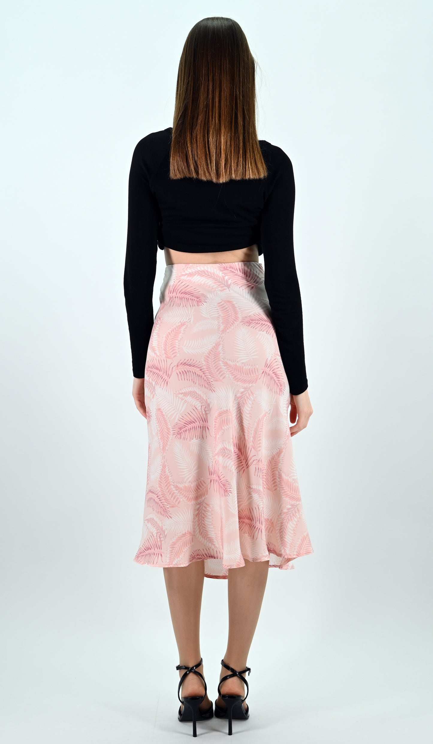 Palm Print Satin Midi Skirt