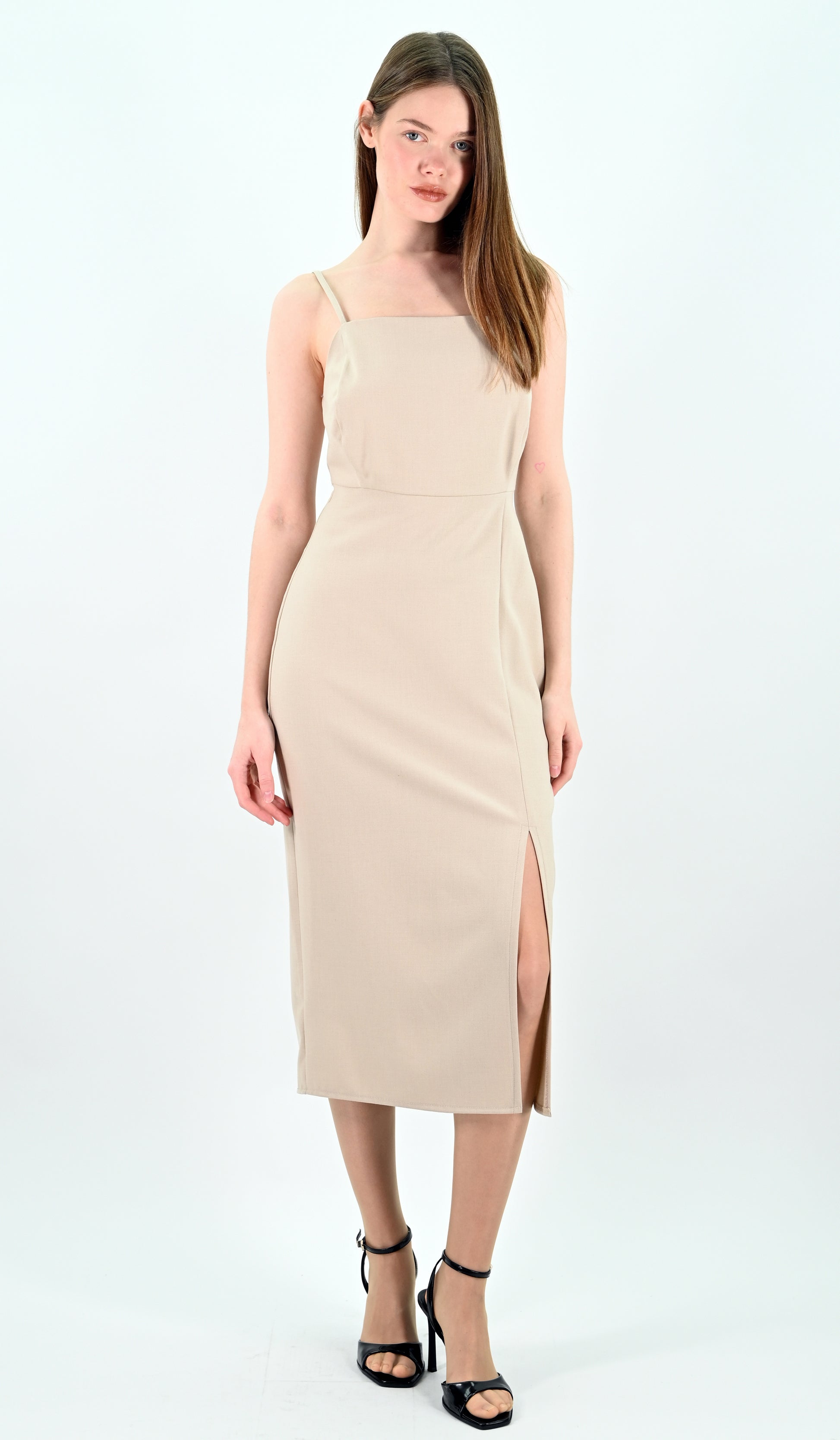 Slip Midi Dress with Spaghetti Straps - Beige - XS Slip Midi Dress with Spaghetti Straps - Beige - XS