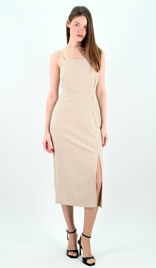 Slip Midi Dress with Spaghetti Straps - Beige