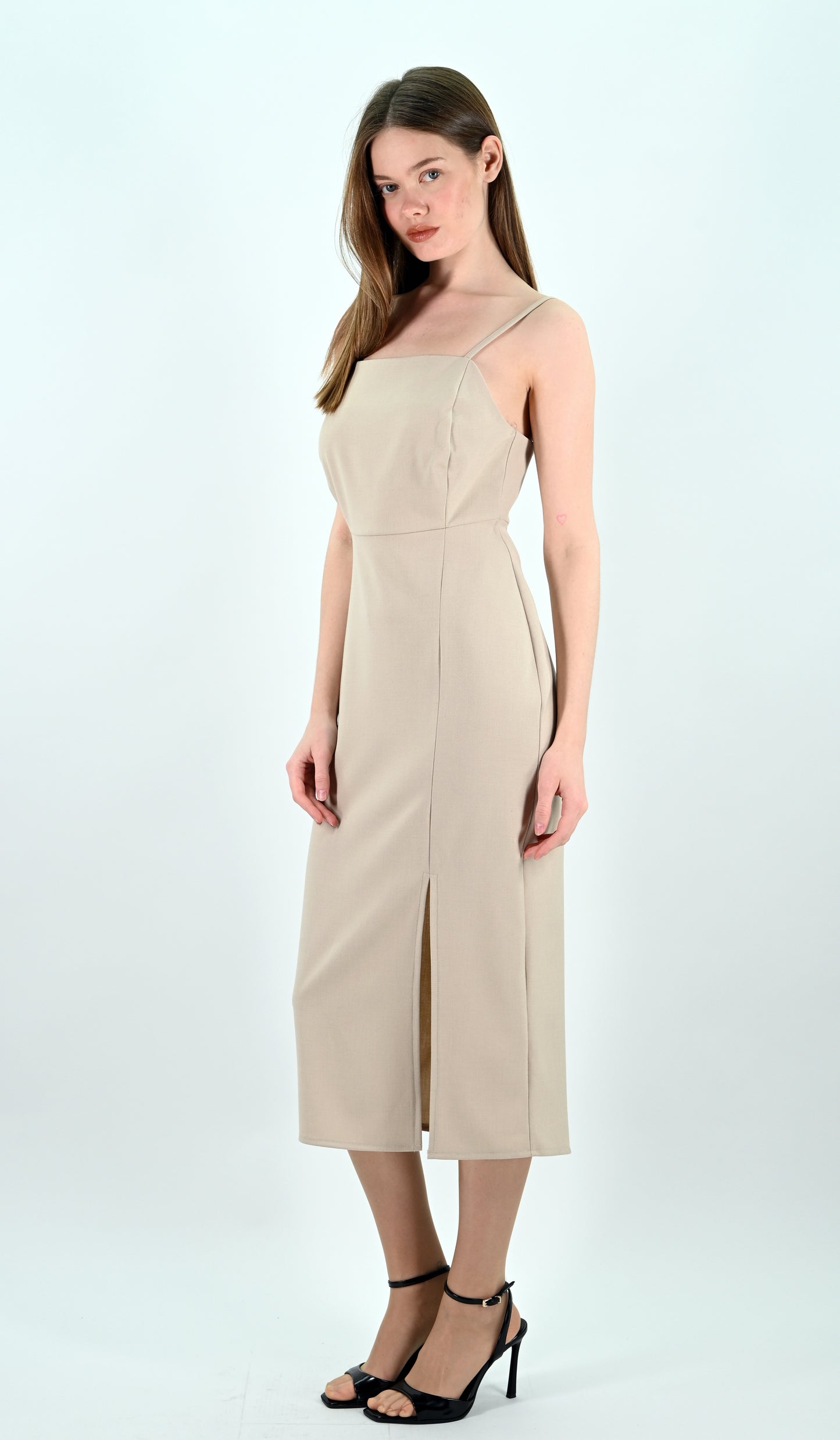 Slip Midi Dress with Spaghetti Straps - Beige