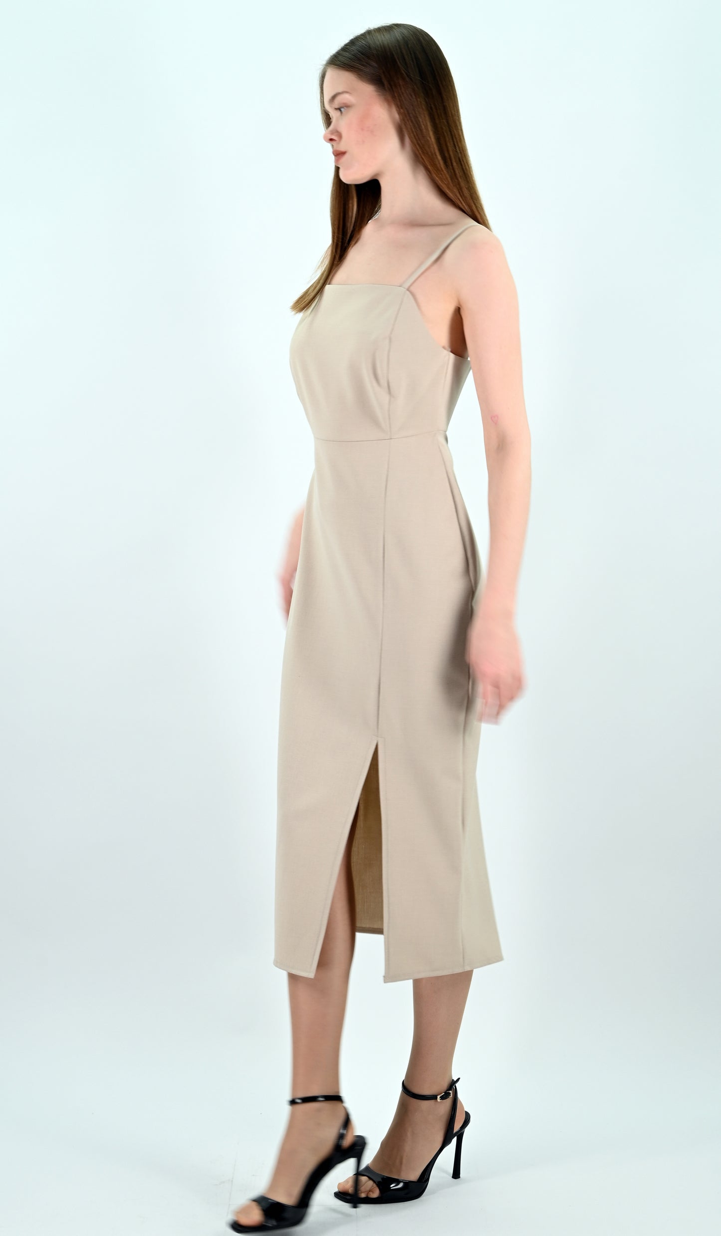 Slip Midi Dress with Spaghetti Straps - Beige