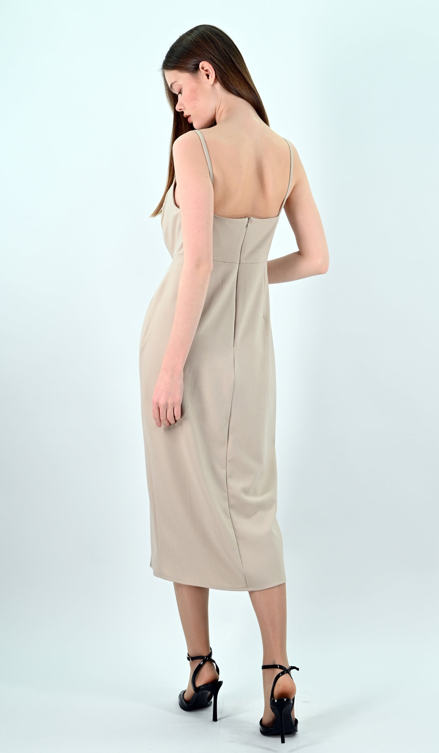 Slip Midi Dress with Spaghetti Straps - Beige