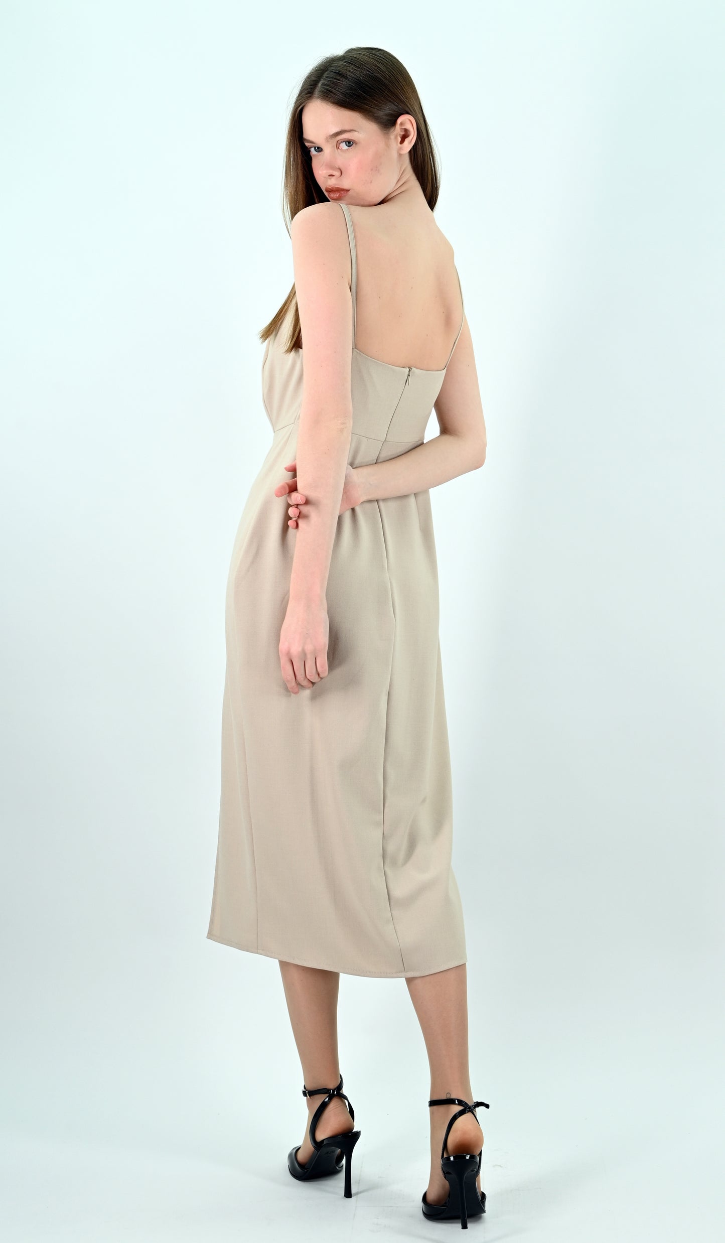 Slip Midi Dress with Spaghetti Straps - Beige