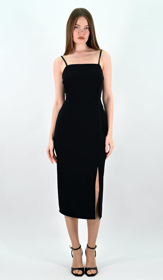 Slip Midi Dress with Spaghetti Straps - Black