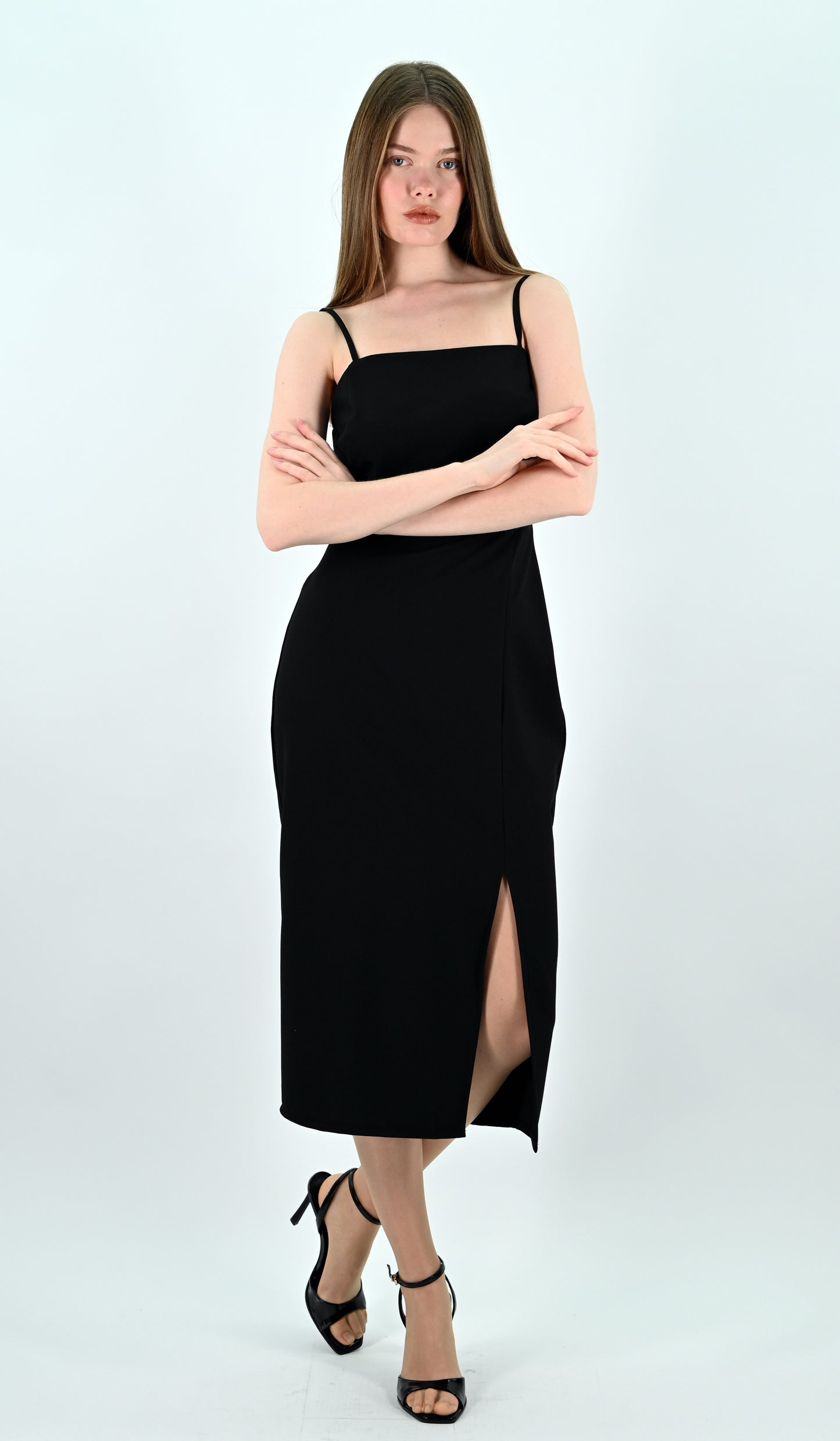 Slip Midi Dress with Spaghetti Straps - Black