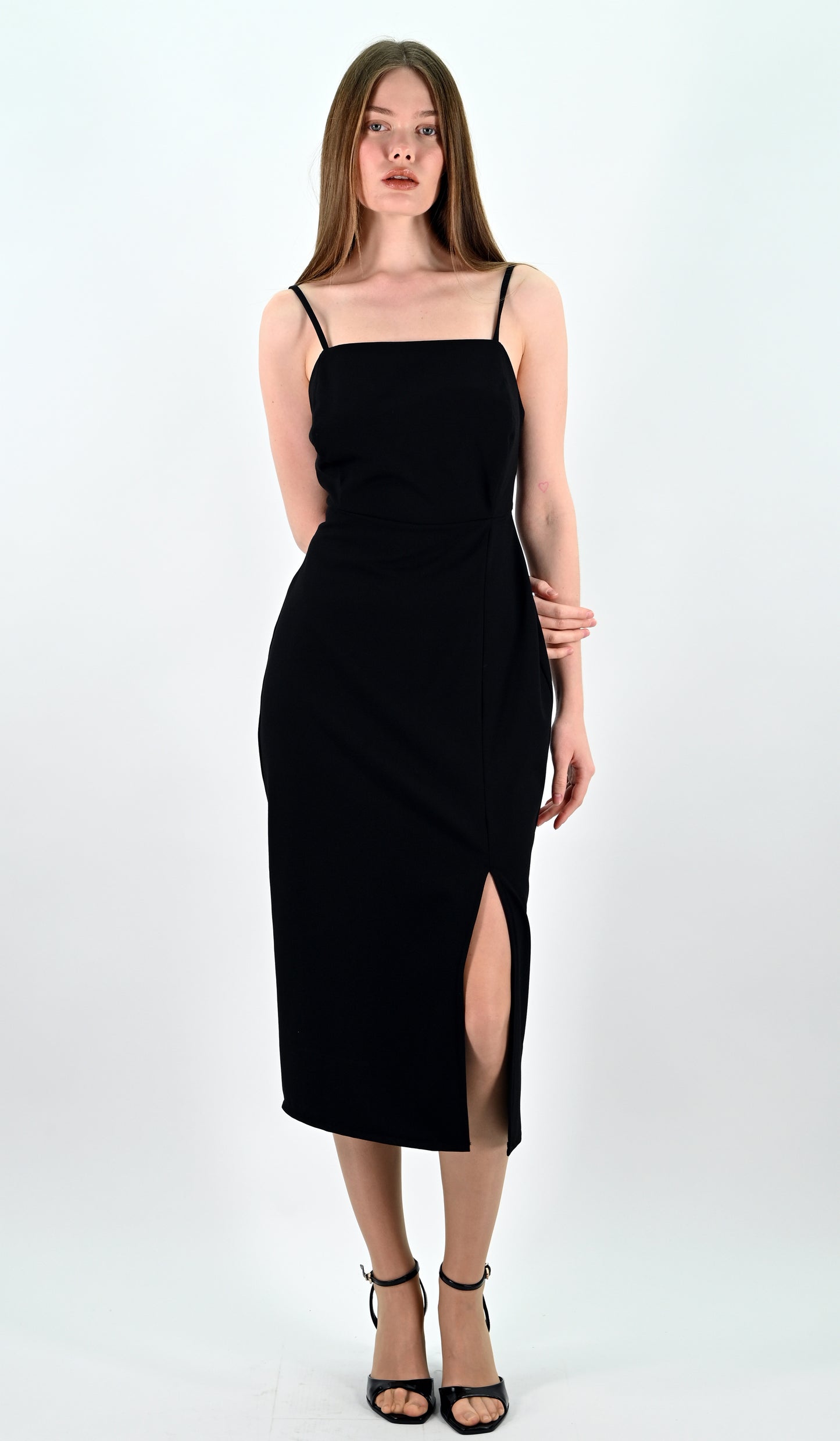 Slip Midi Dress with Spaghetti Straps - Black