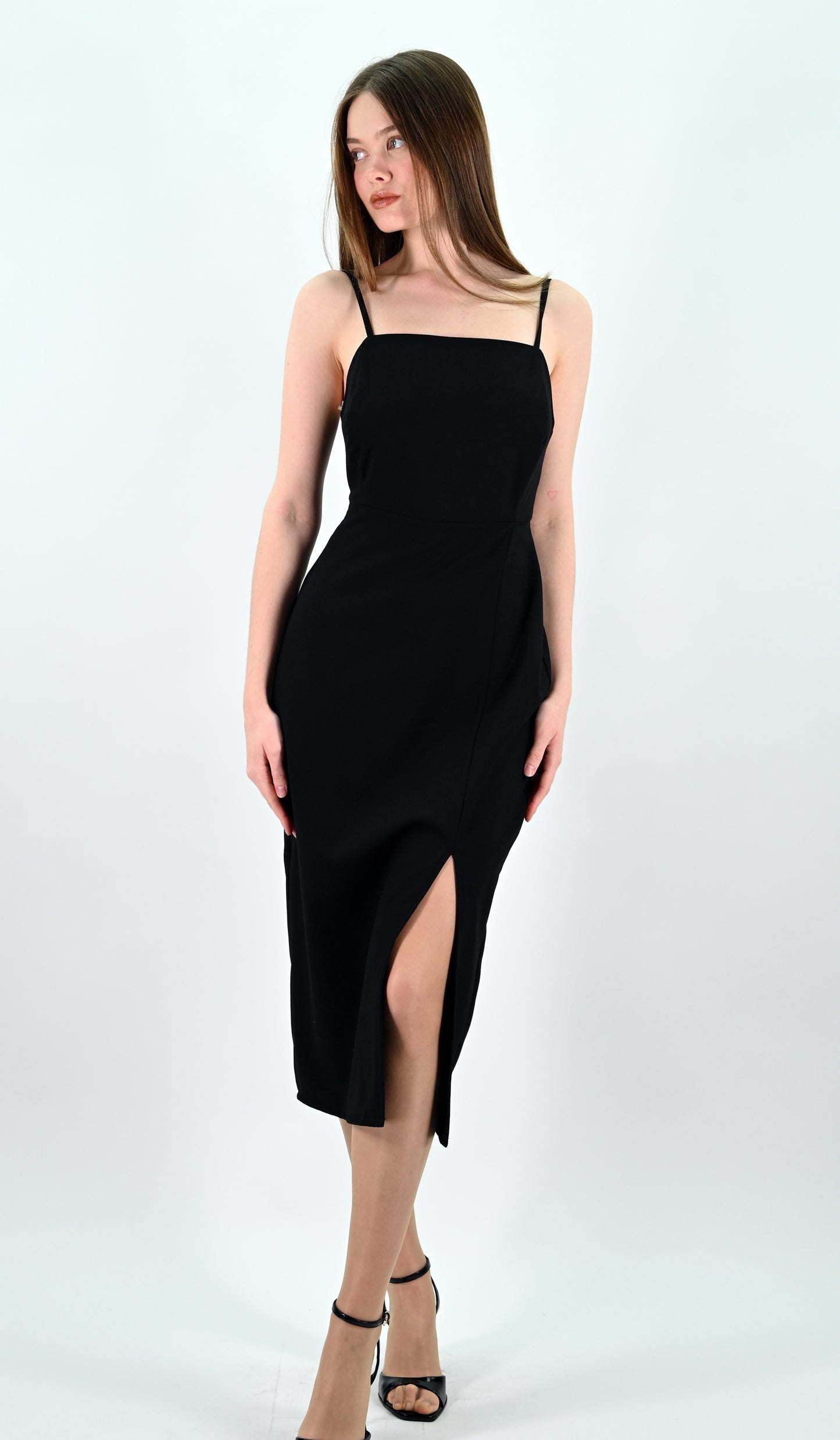 Slip Midi Dress with Spaghetti Straps - Black