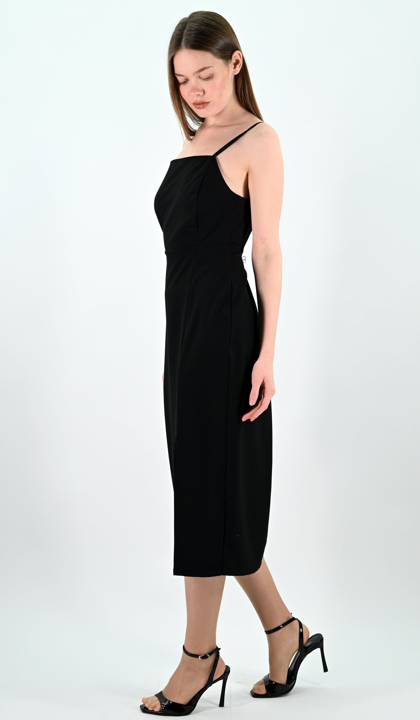 Slip Midi Dress with Spaghetti Straps - Black