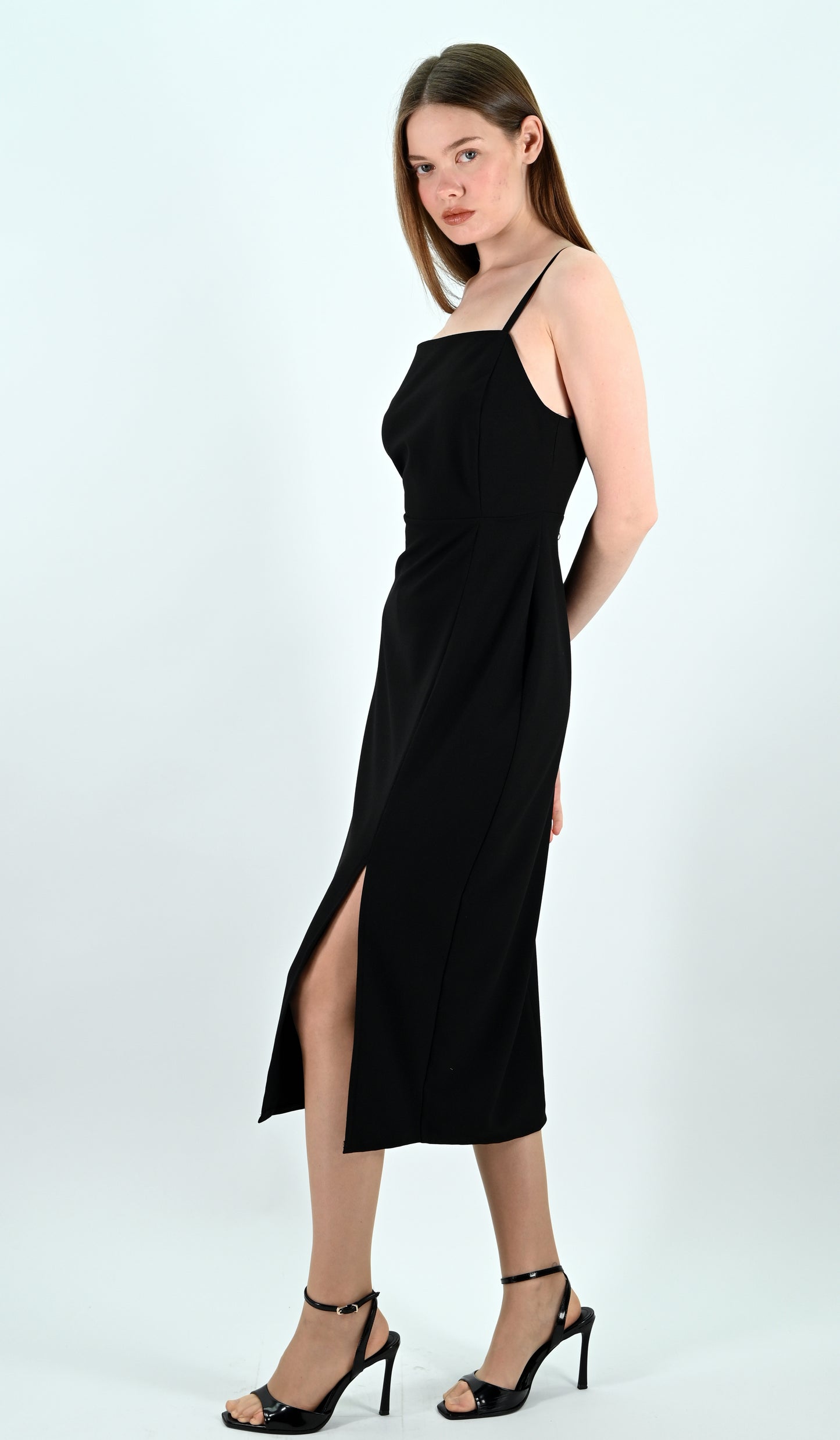 Slip Midi Dress with Spaghetti Straps - Black