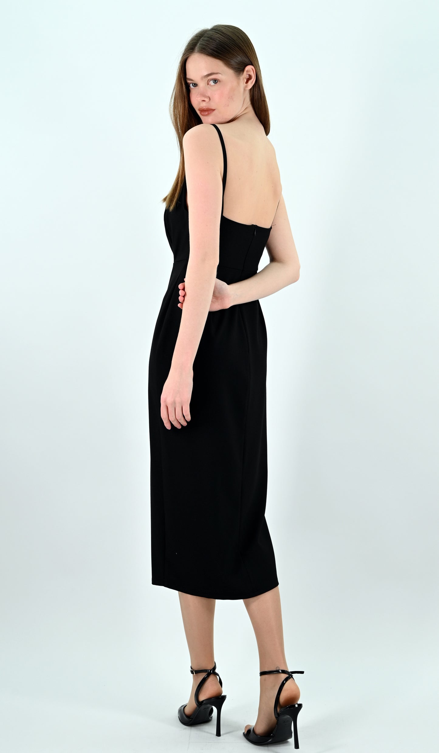 Slip Midi Dress with Spaghetti Straps - Black