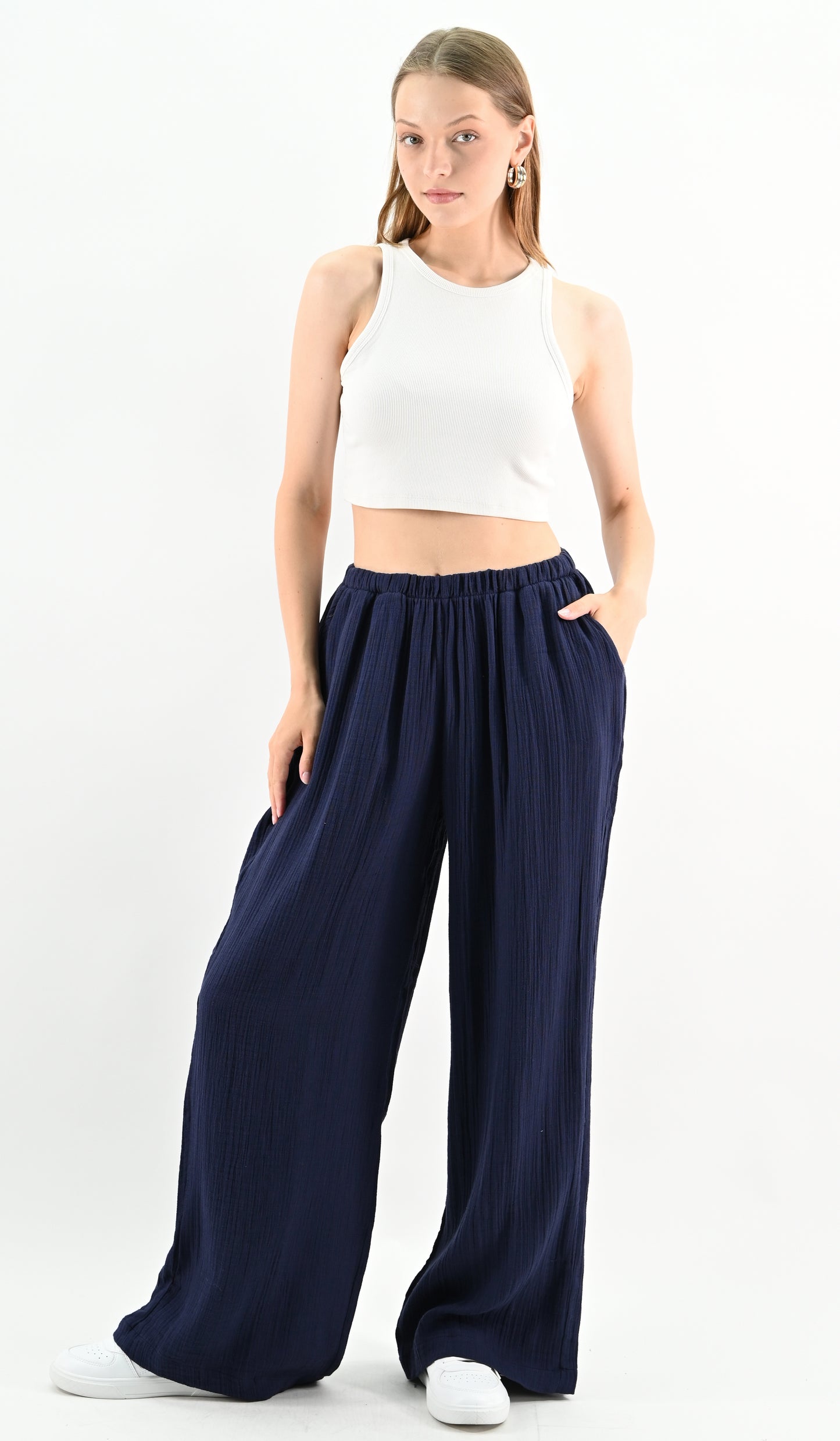 Linen Blend Wide-leg Trousers - Navy