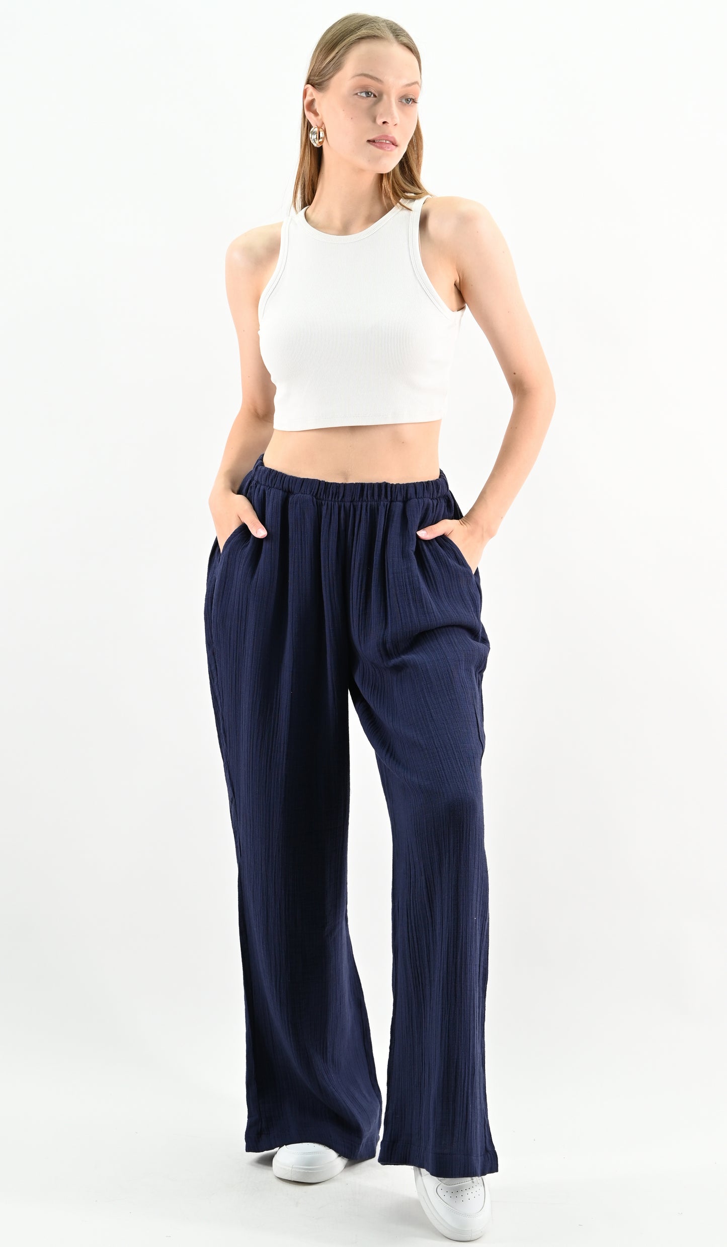 Linen Blend Wide-leg Trousers - Navy