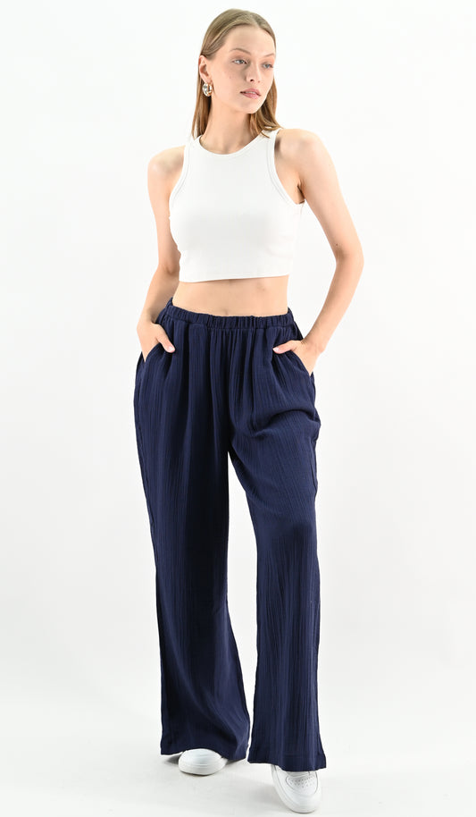 Linen Blend Wide-leg Trousers - Navy