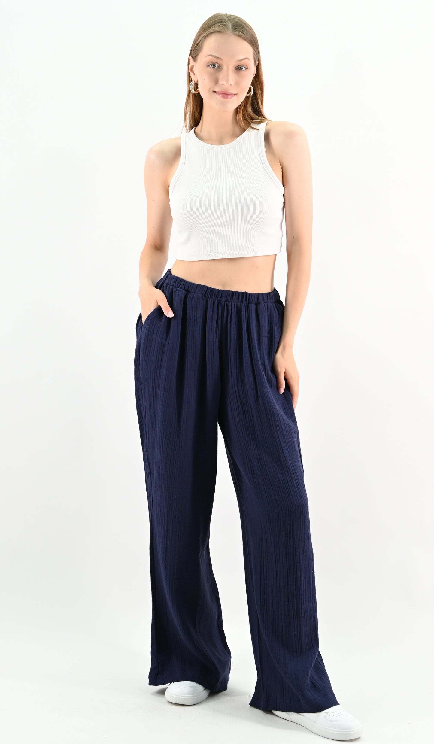 Linen Blend Wide-leg Trousers - Navy