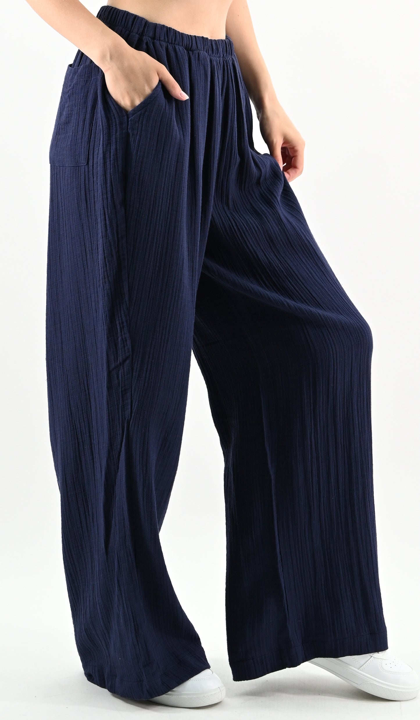 Linen Blend Wide-leg Trousers - Navy