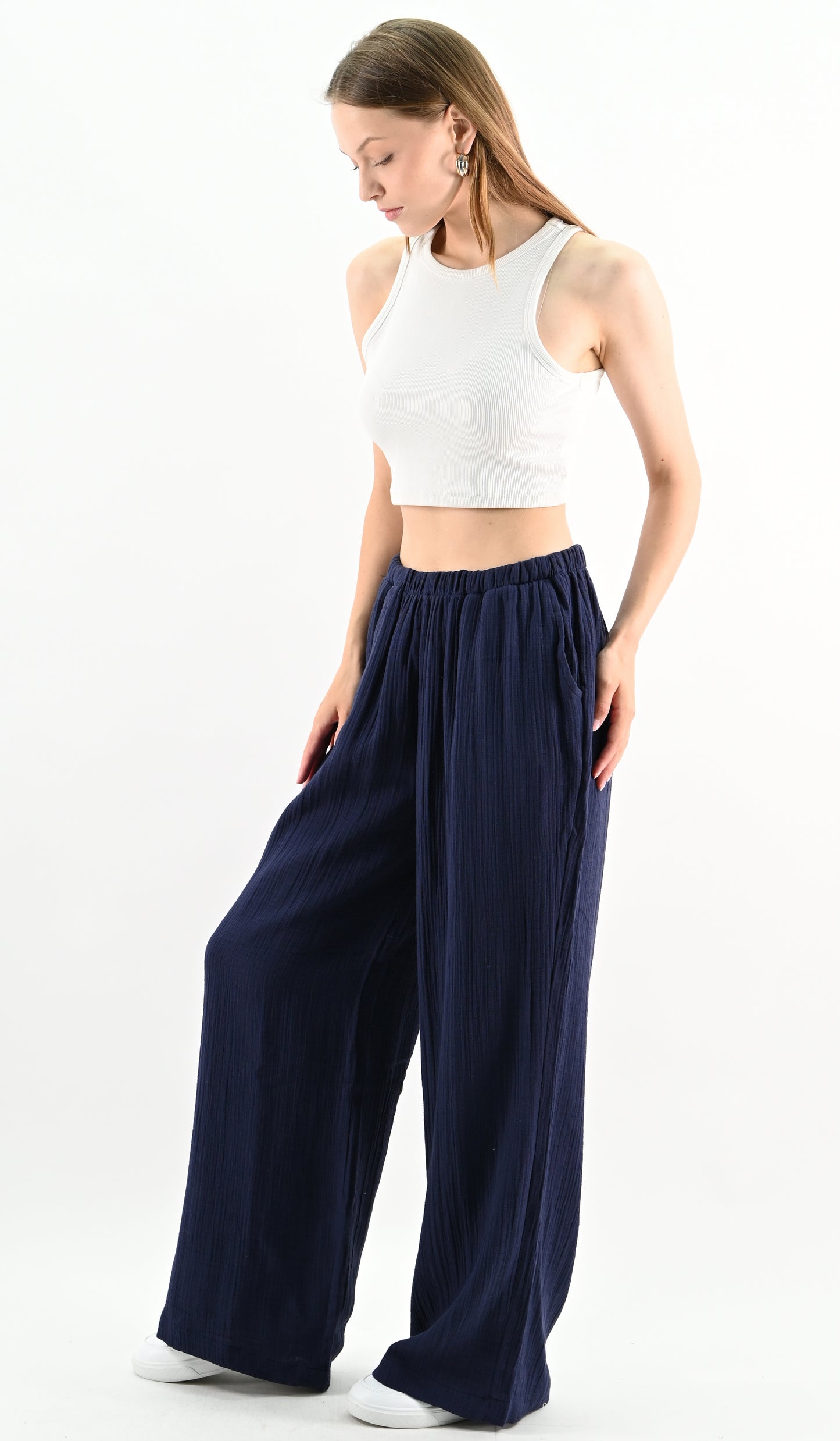 Linen Blend Wide-leg Trousers - Navy