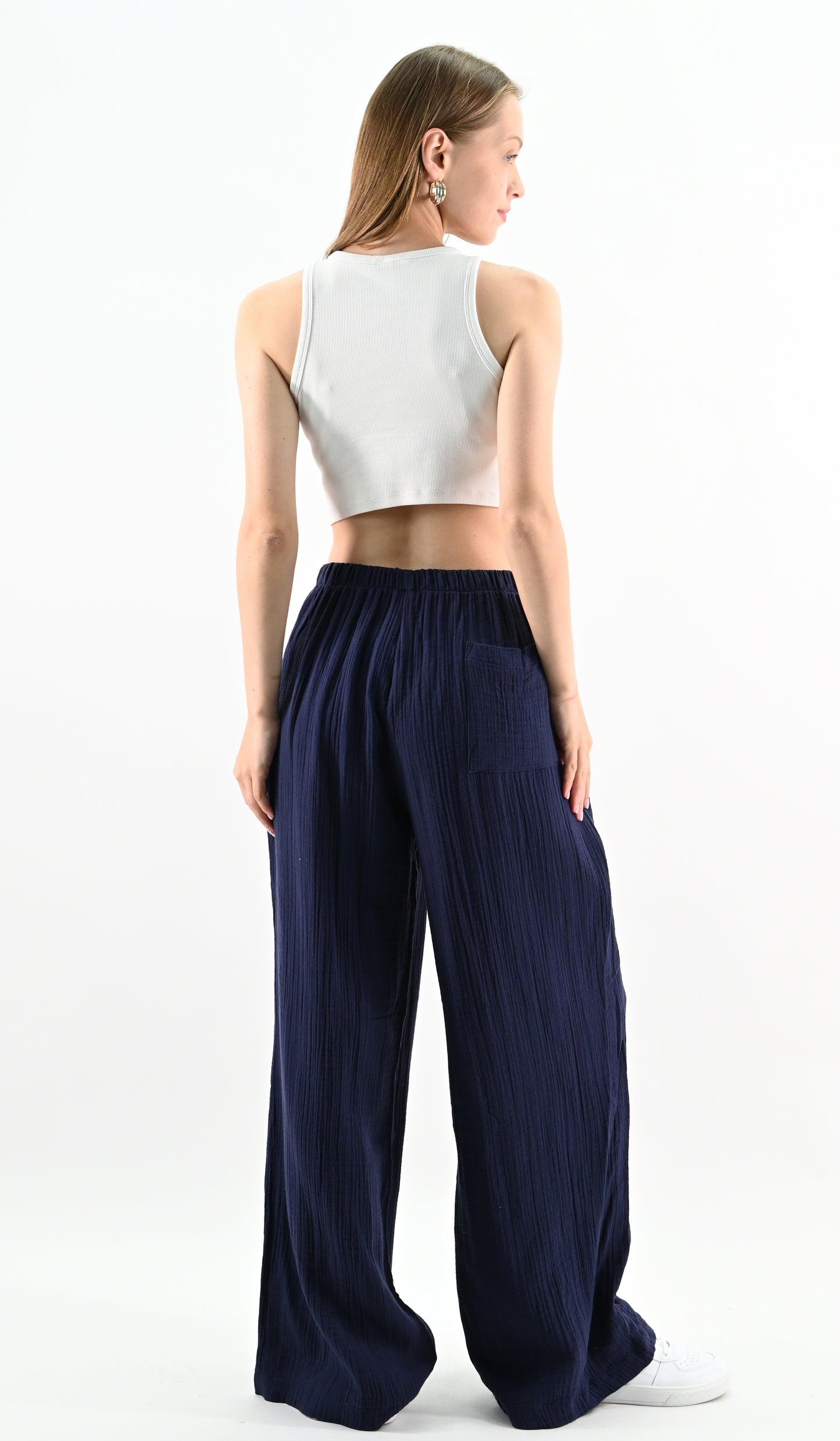 Linen Blend Wide-leg Trousers - Navy