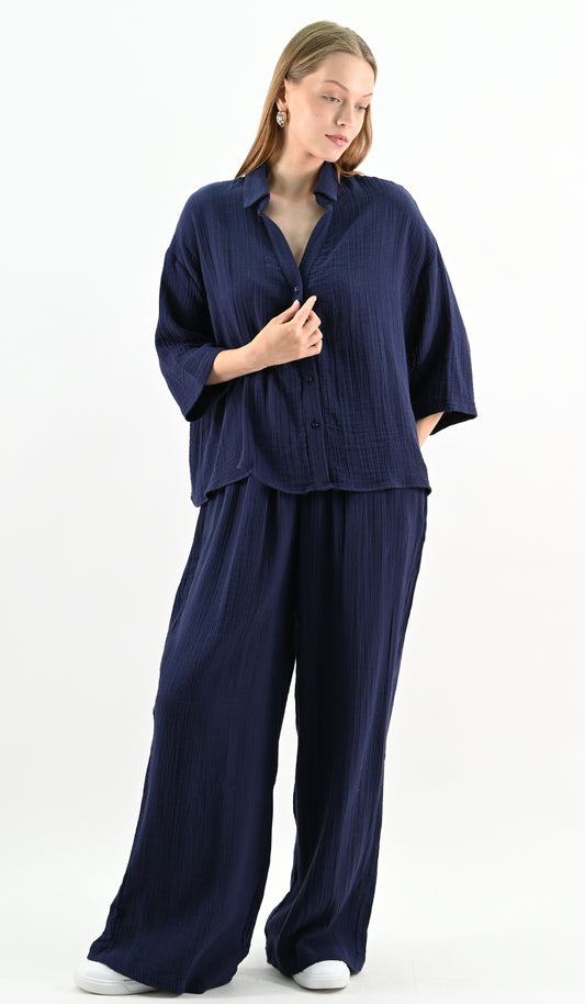 Linen Blend Oversize Shirt - Navy