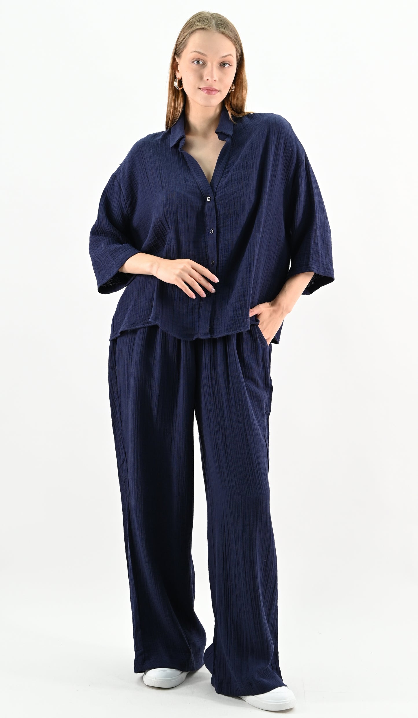 Linen Blend Oversize Shirt - Navy