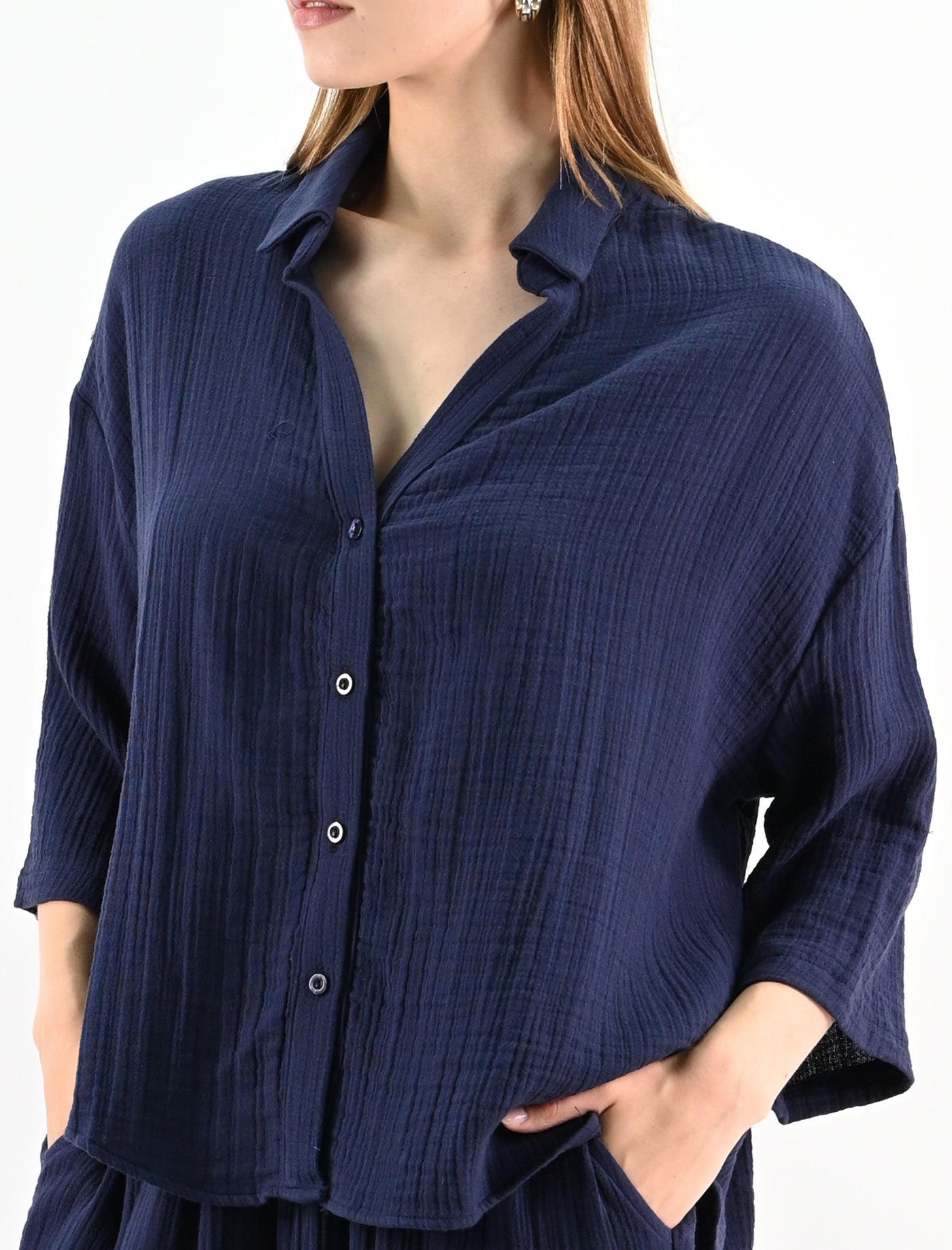 Linen Blend Oversize Shirt - Navy