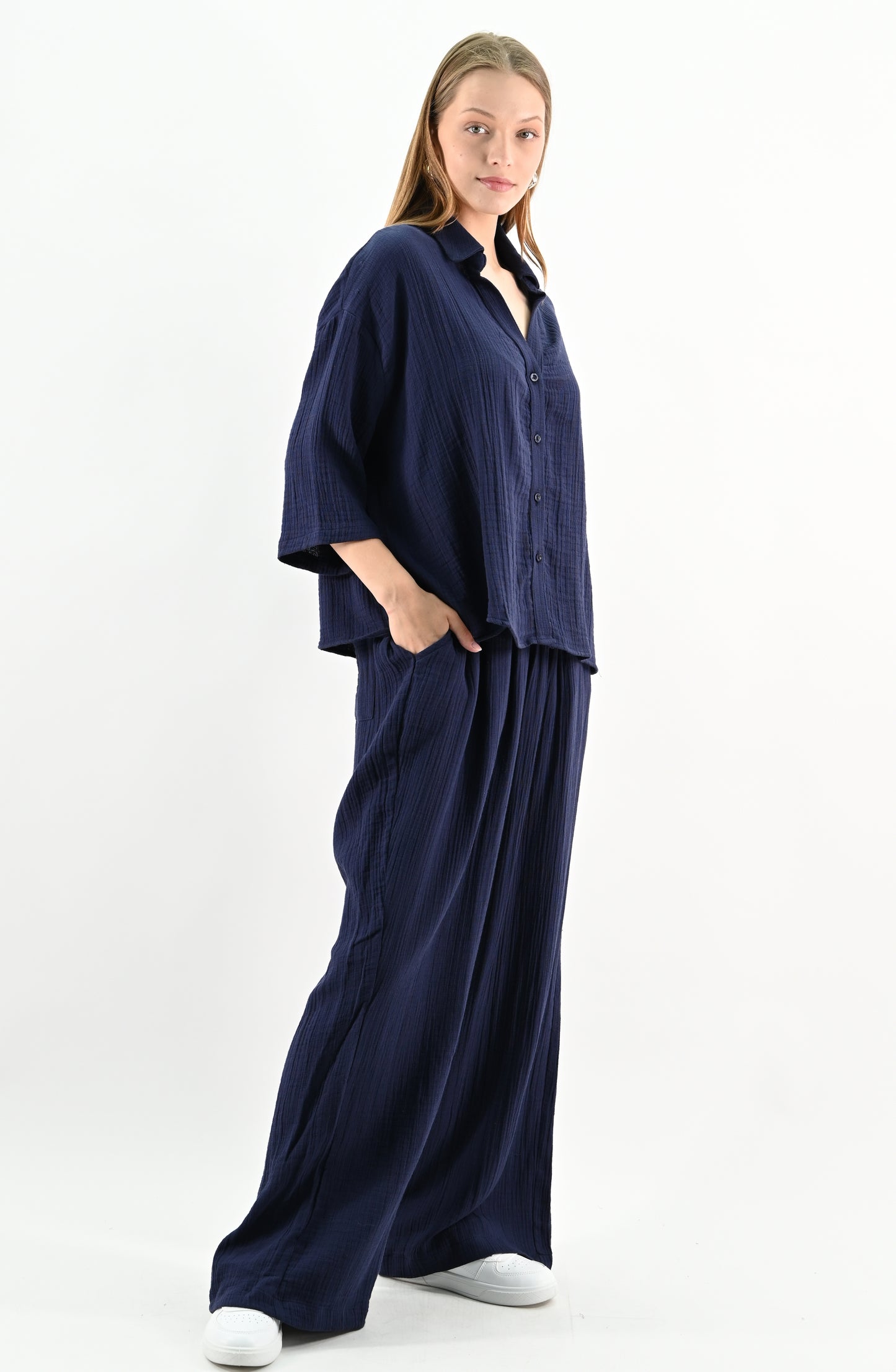 Linen Blend Oversize Shirt - Navy