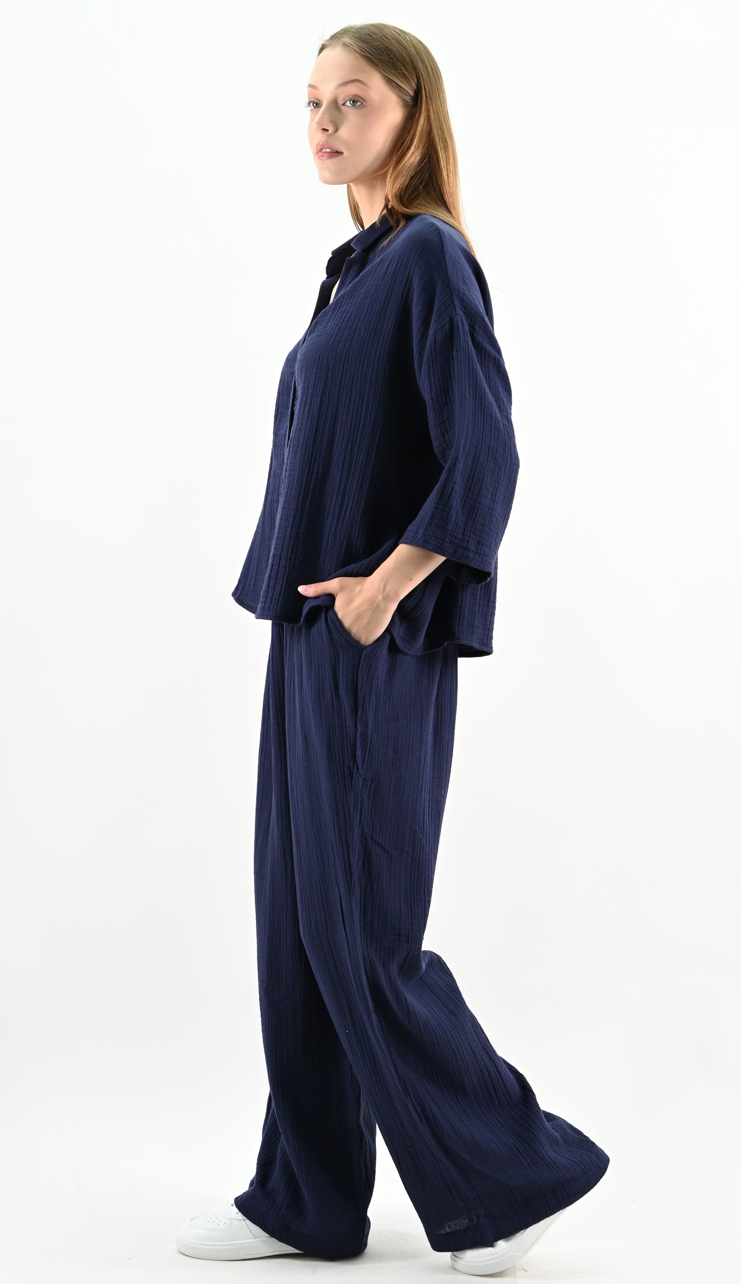 Linen Blend Oversize Shirt - Navy