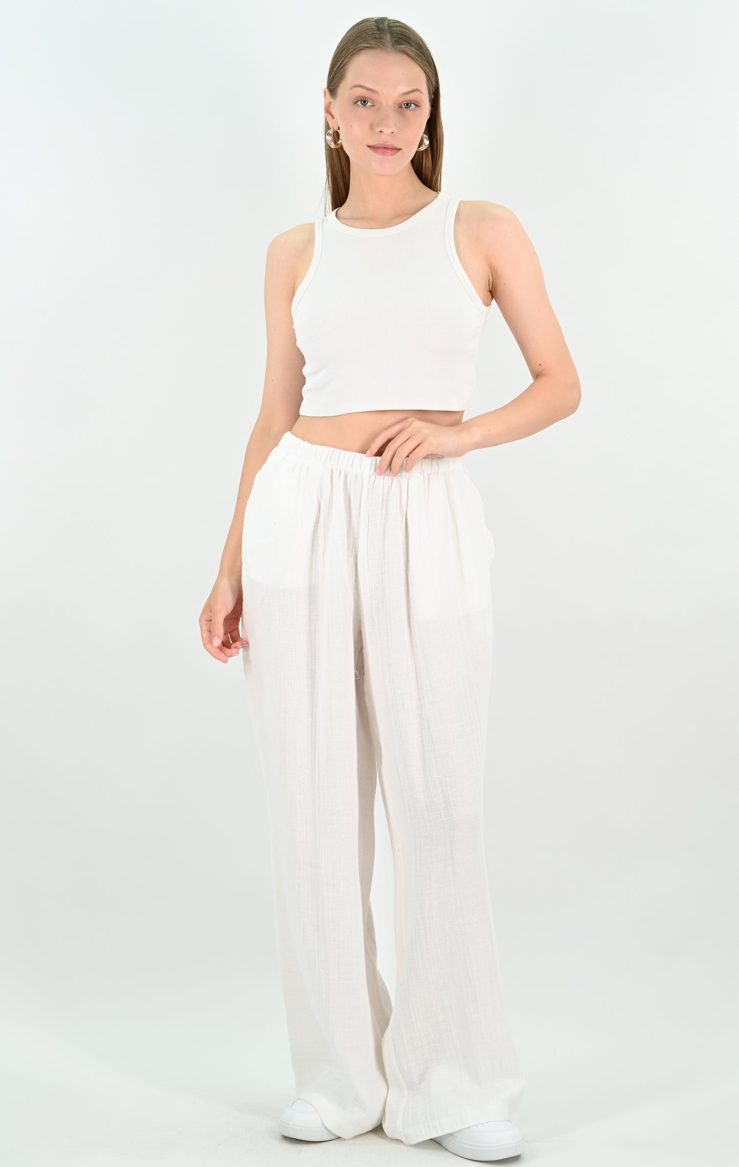 Linen Blend Wide-leg Trousers - Off-white