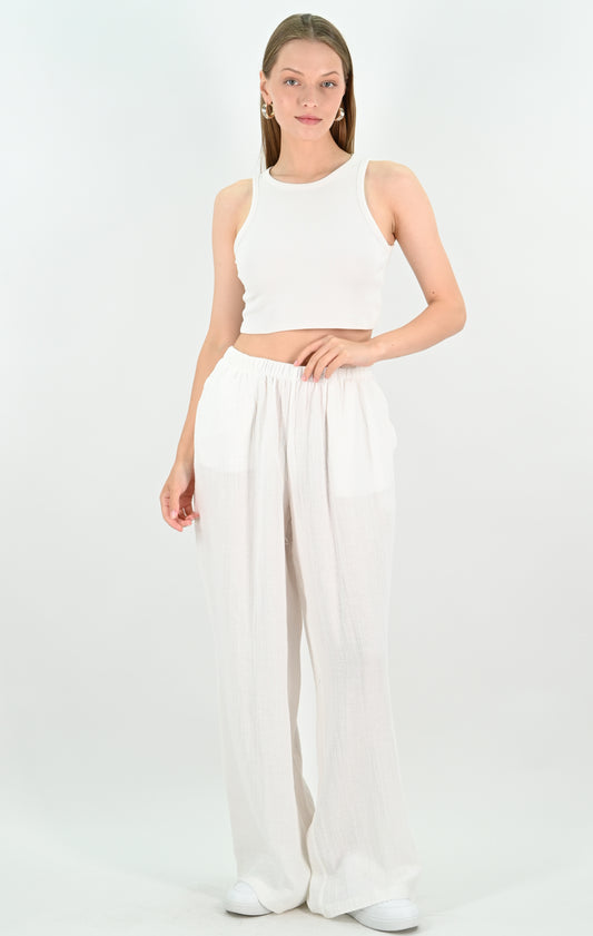Linen Blend Wide-leg Trousers - Off-white