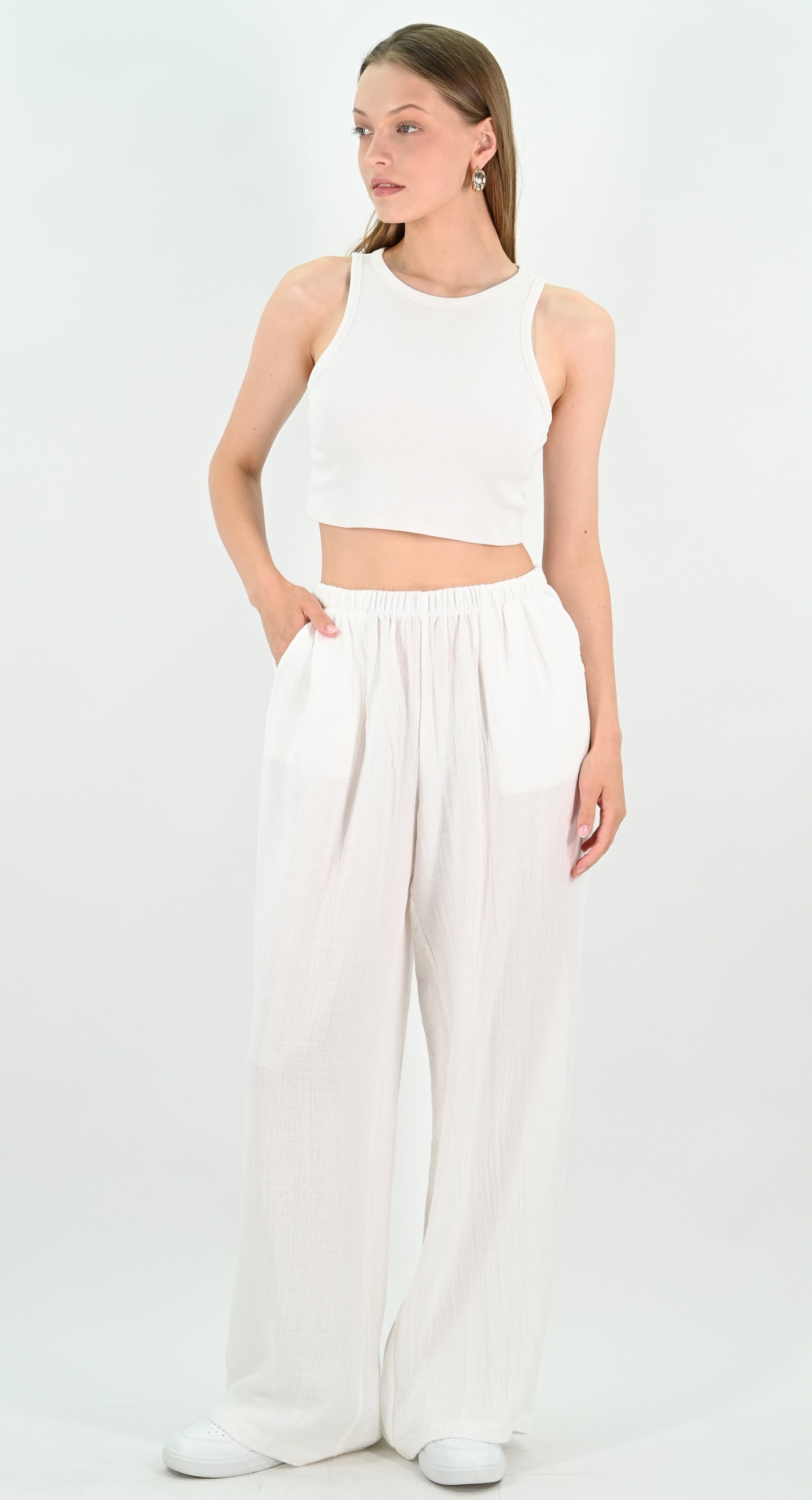 Linen Blend Wide-leg Trousers - Off-white