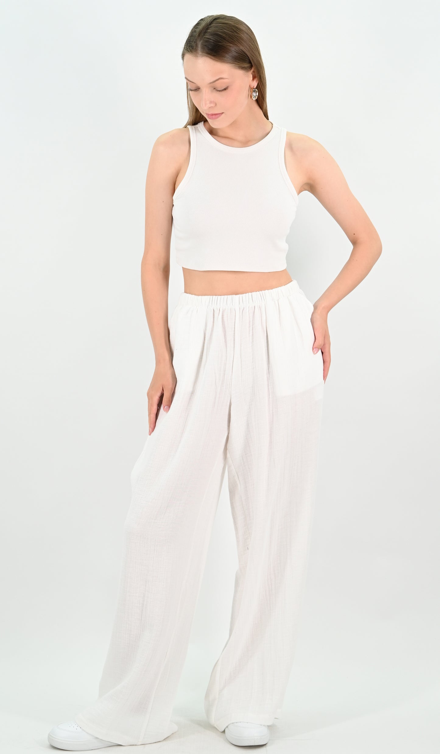 Linen Blend Wide-leg Trousers - Off-white