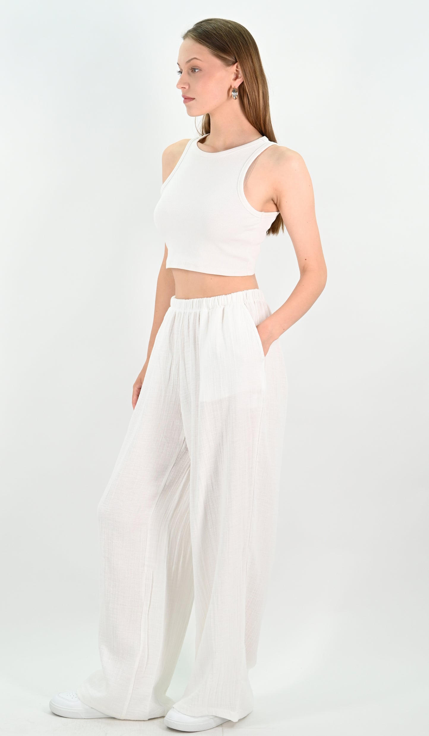 Linen Blend Wide-leg Trousers - Off-white