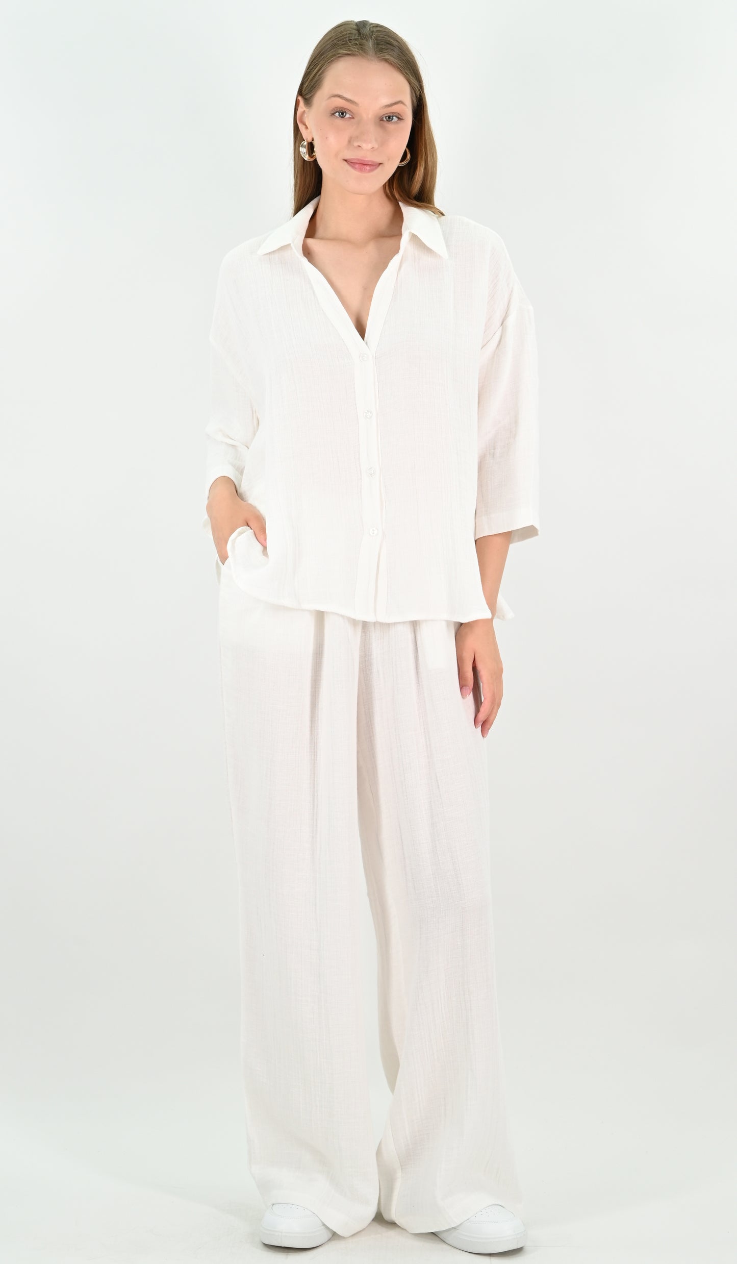 Linen Blend Oversize Shirt - Off-white