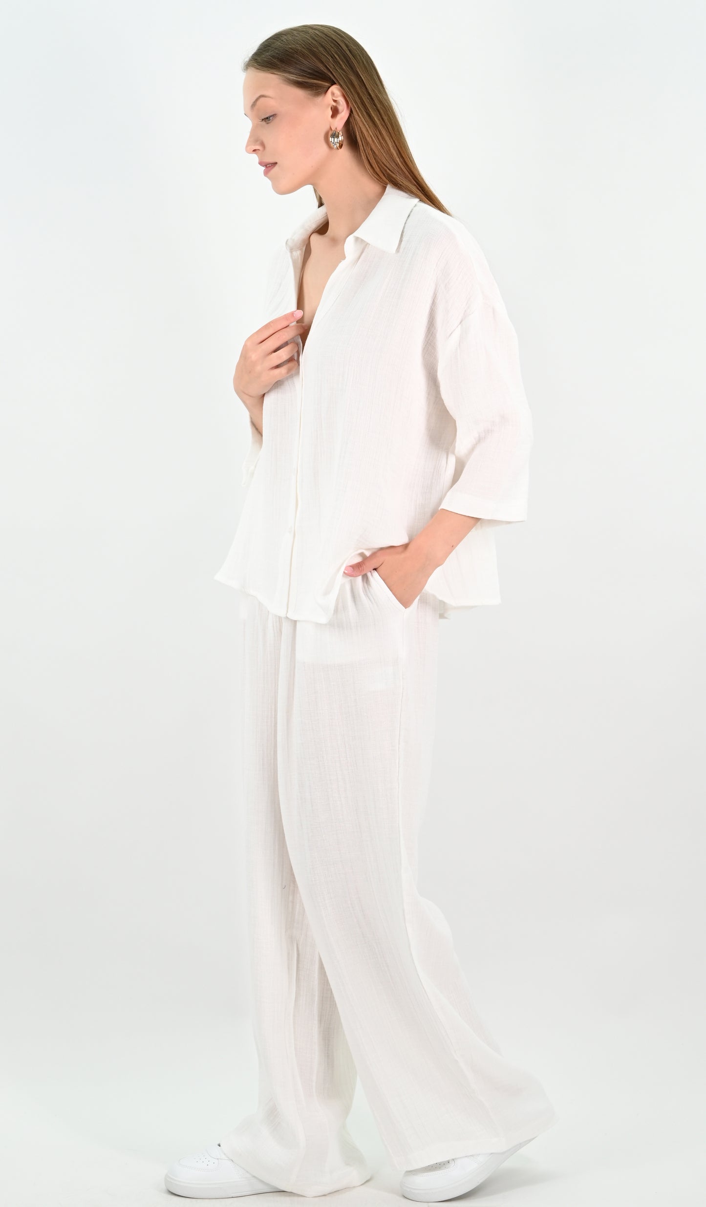 Linen Blend Oversize Shirt - Off-white