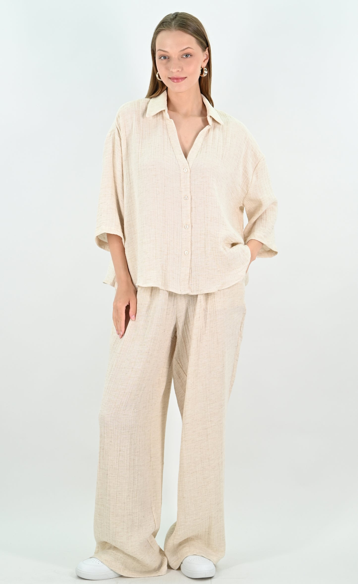 Linen Blend Oversize Shirt - Beige
