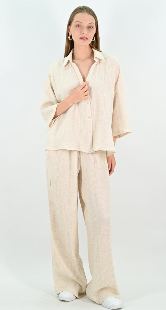 Linen Blend Oversize Shirt - Beige