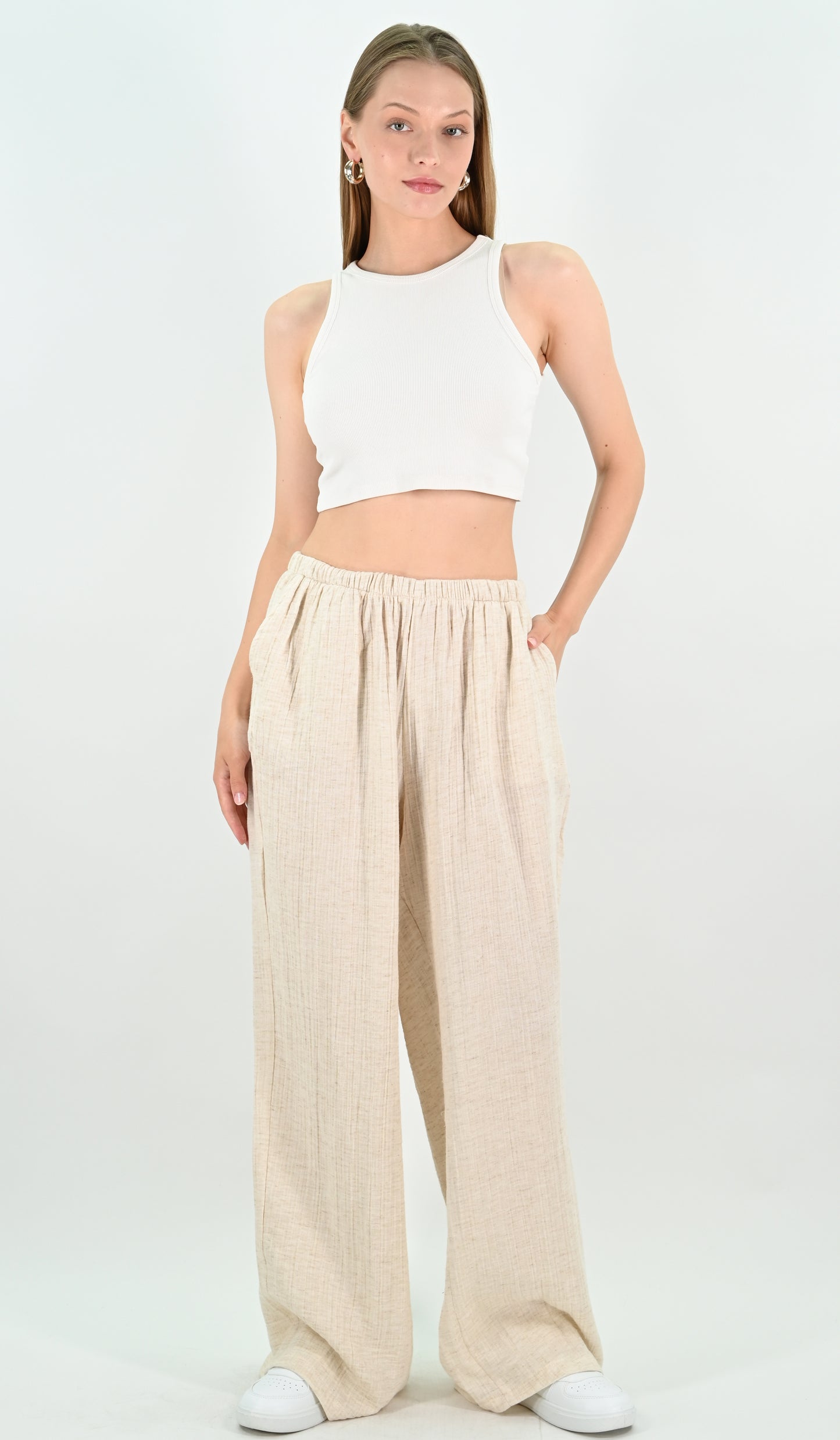 Linen Blend Wide-leg Trousers - Beige