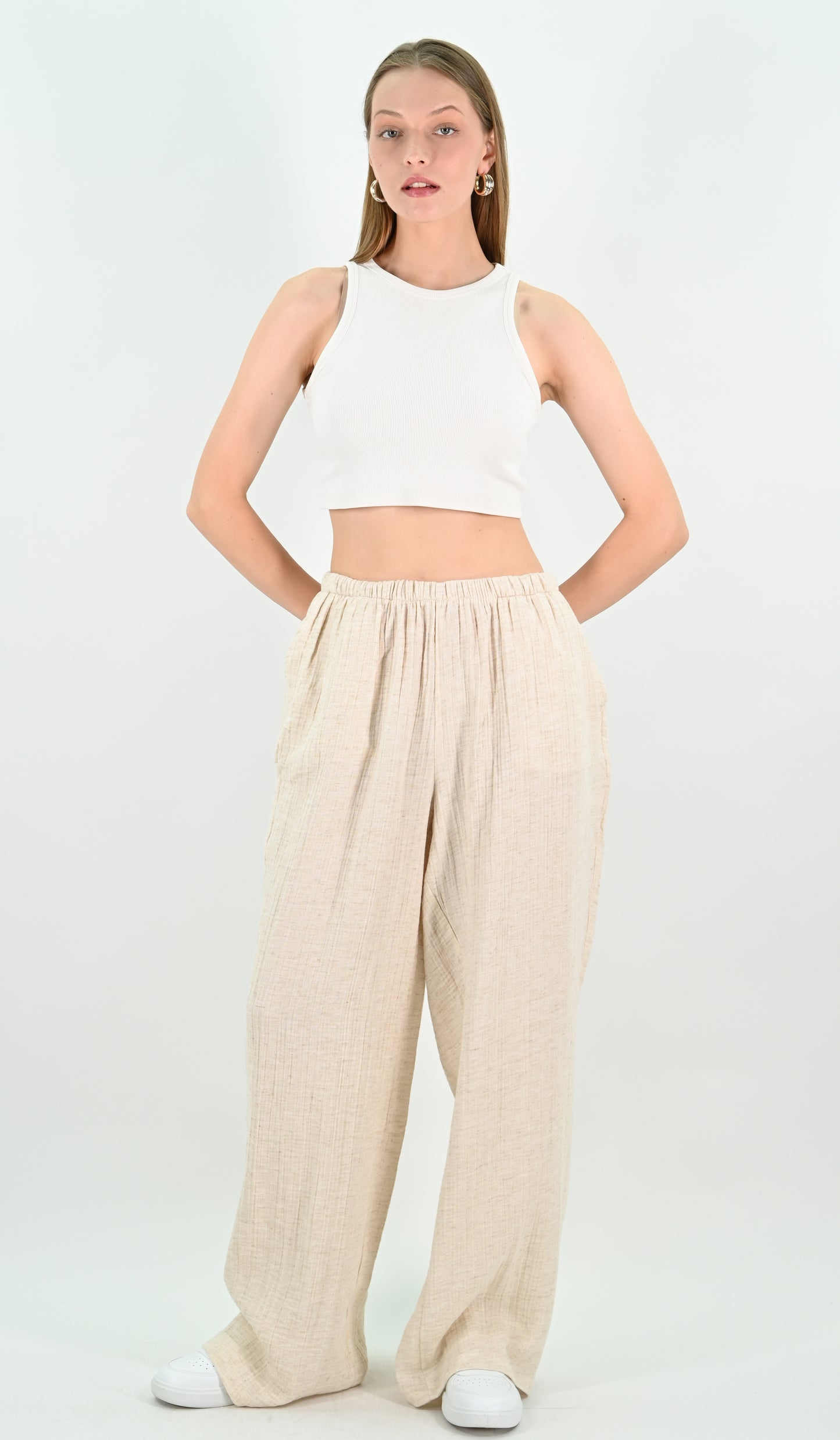 Linen Blend Wide-leg Trousers - Beige