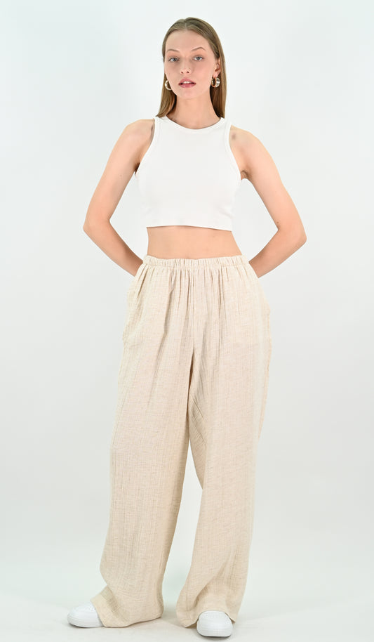 Linen Blend Wide-leg Trousers - Beige