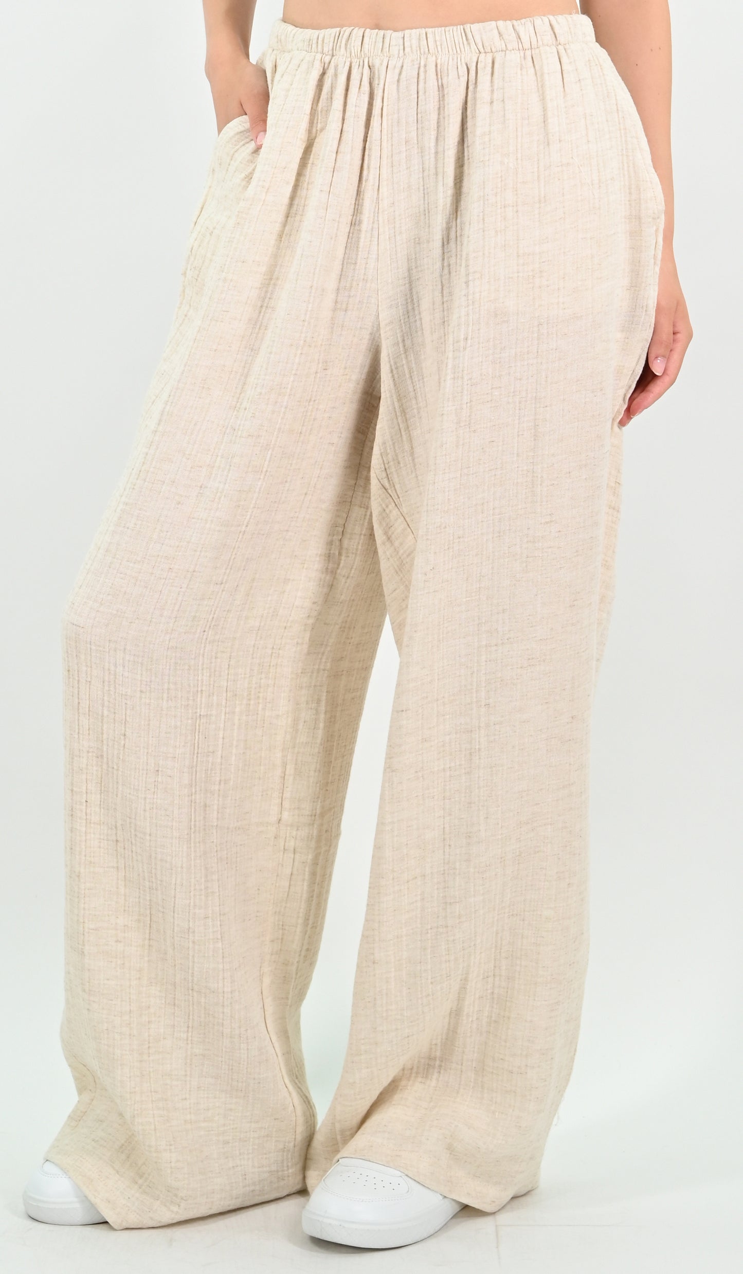 Linen Blend Wide-leg Trousers - Beige
