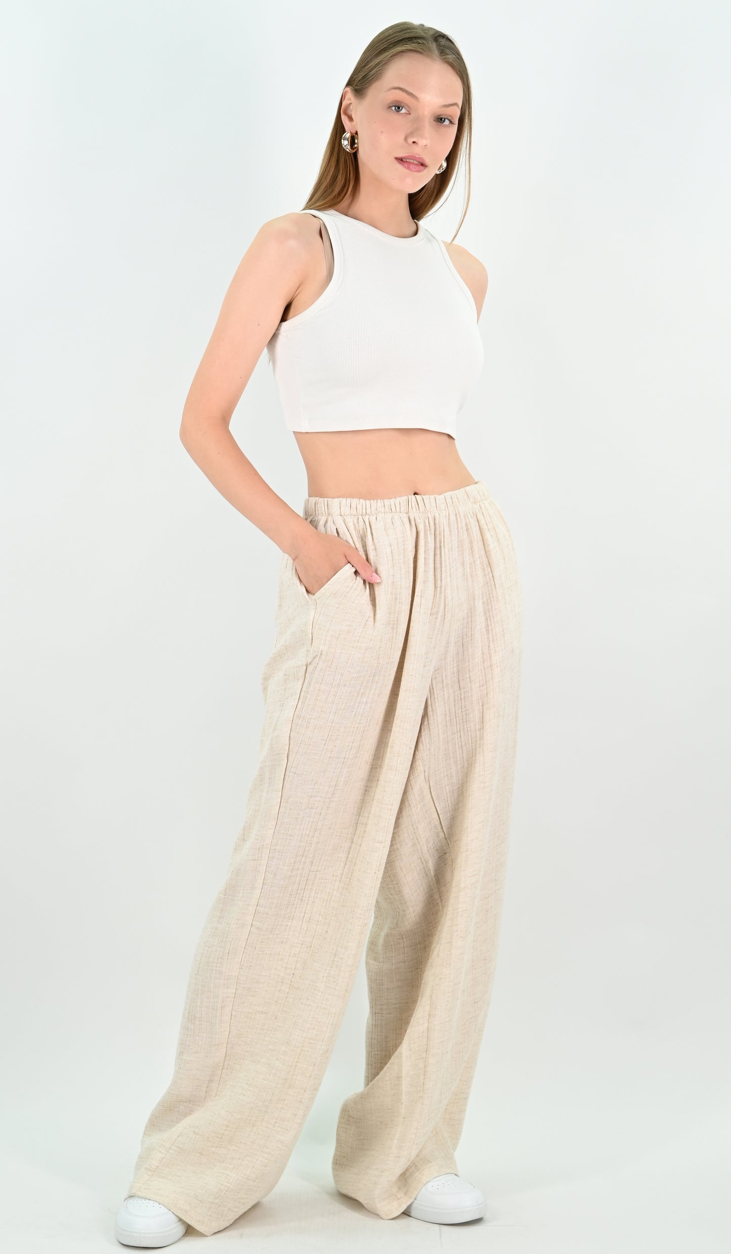 Linen Blend Wide-leg Trousers - Beige