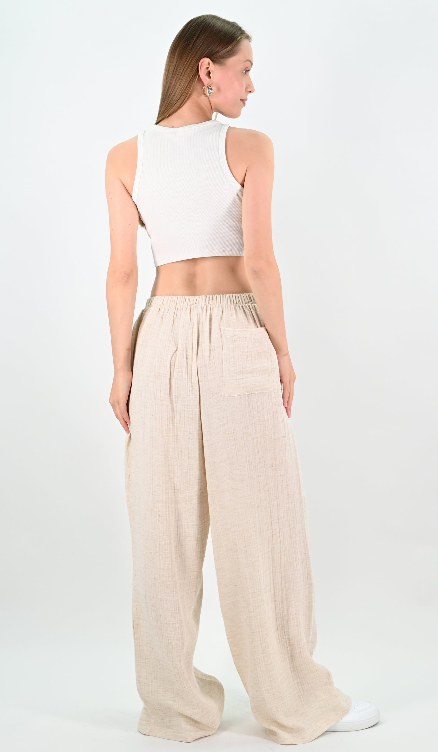 Linen Blend Wide-leg Trousers - Beige